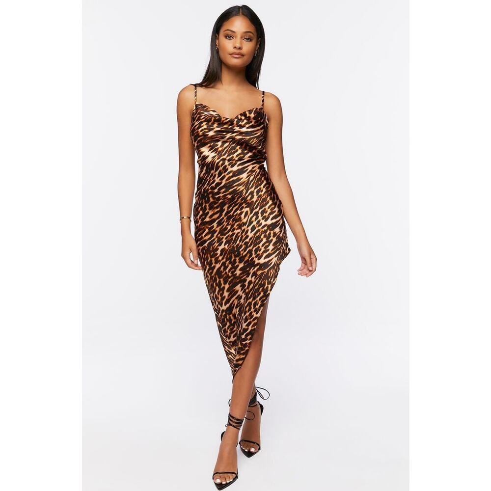 Asymmetrical Leopard Print Dress Brown-small